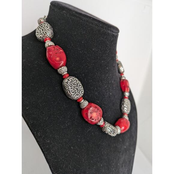 Brighton Red Coral Silver Plated Bead Necklace w/Adjustable Clasp Length 20" - Picture 5 of 6